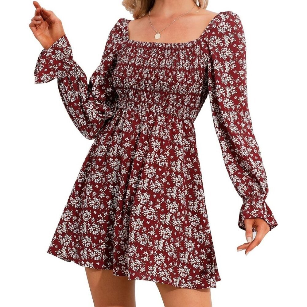 EXLURA Womens Square Neck Long Sleeve Dress High Waist Off Shoulder Red L
